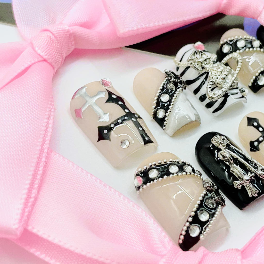medium length silver square press on nails with gothic designs