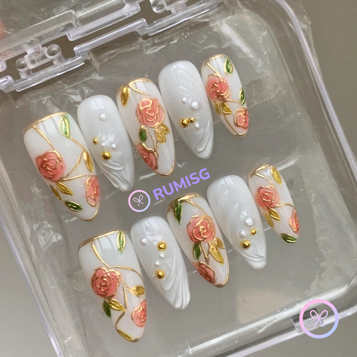 elegant white glossy gilded rose medium almond press on nails with pearl