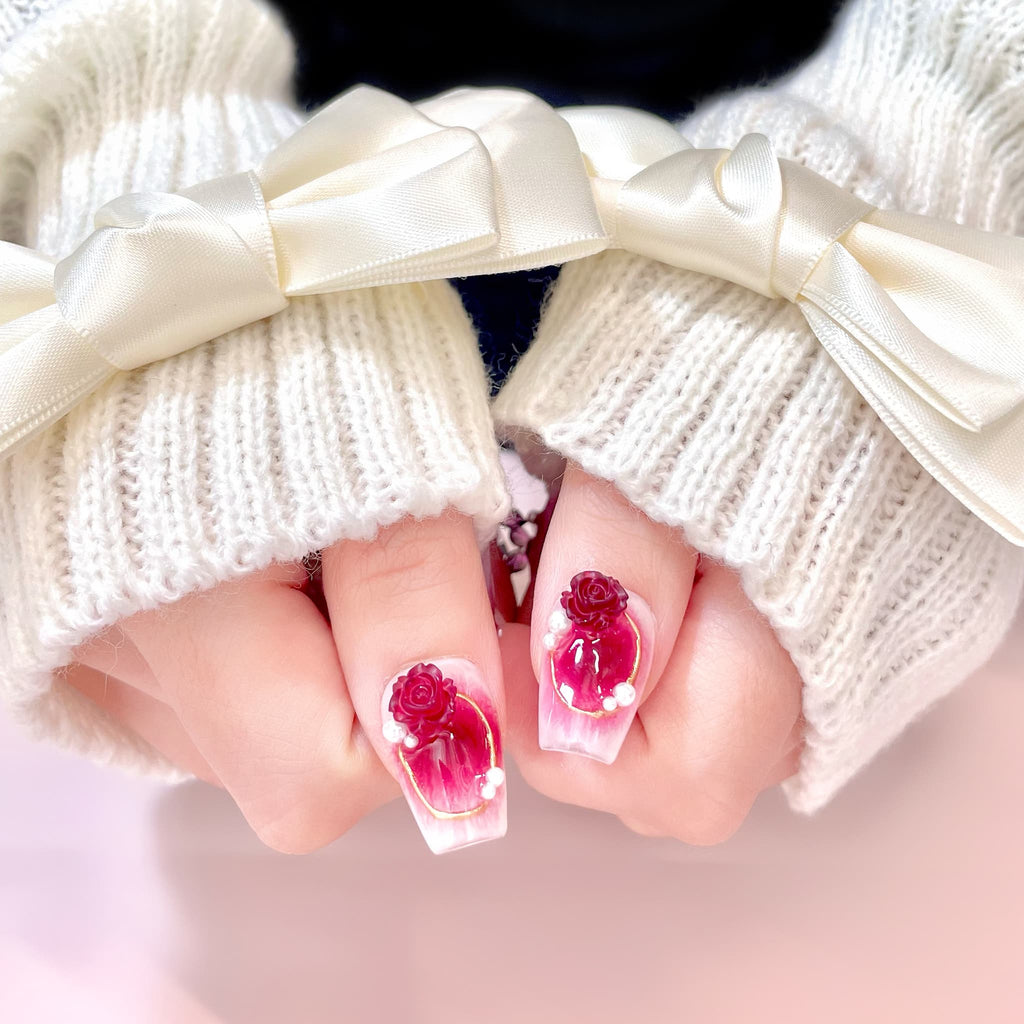 short deep pink coffin press on nails with rose design