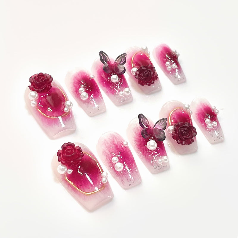 short deep pink coffin press on nails with rose design