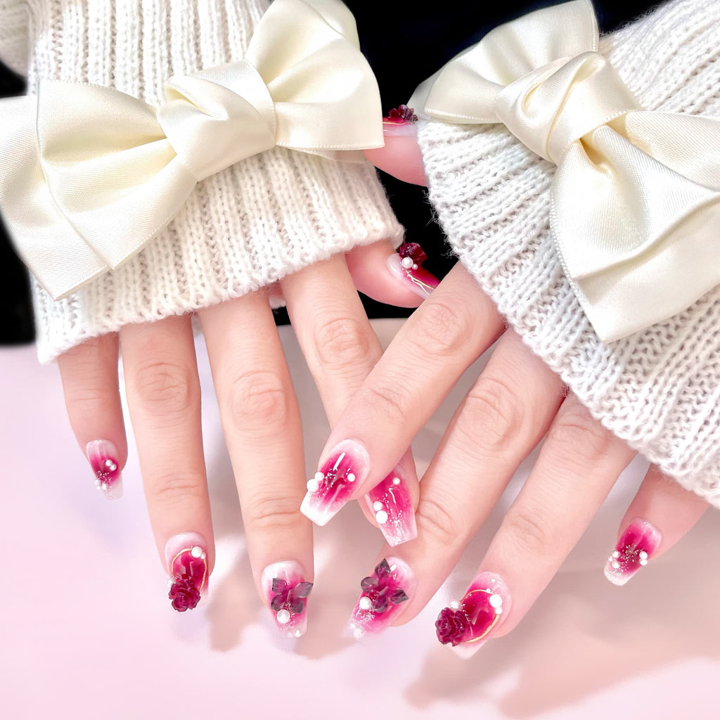short deep pink coffin press on nails with rose design