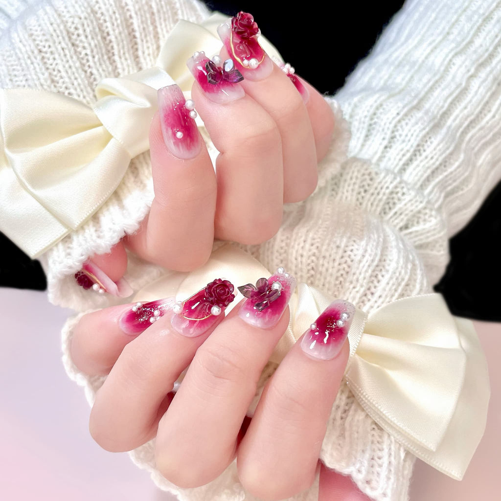 short deep pink coffin press on nails with rose design
