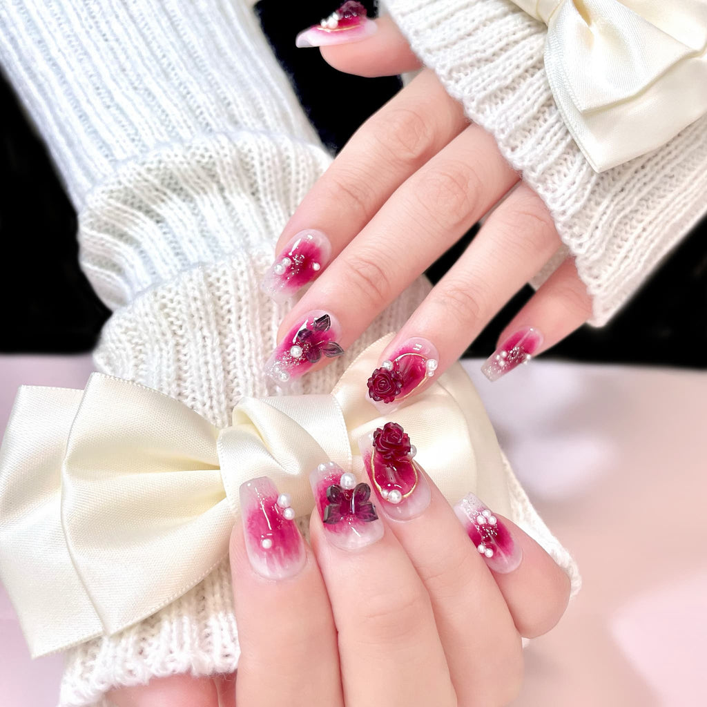 short deep pink coffin press on nails with rose design