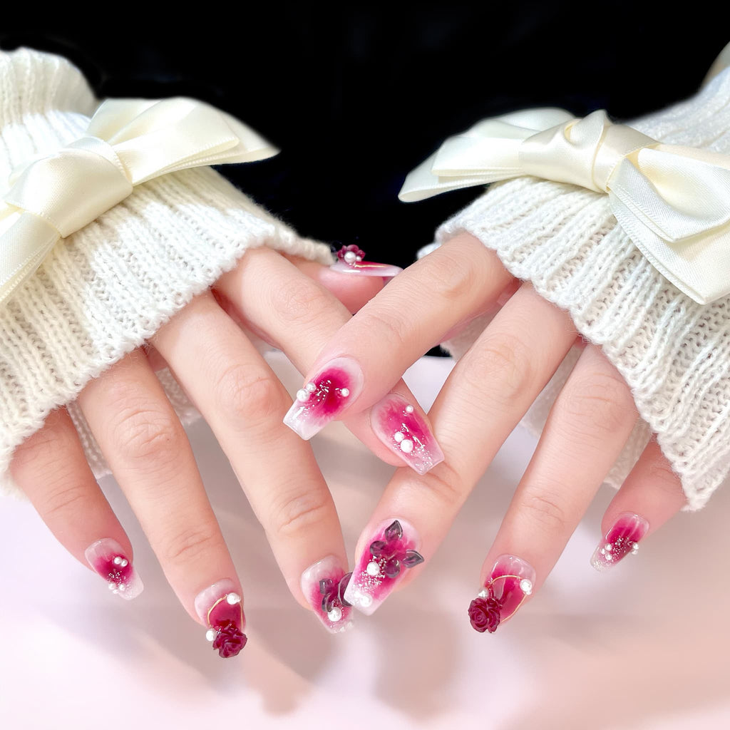short deep pink coffin press on nails with rose design