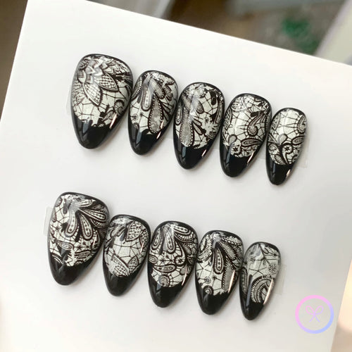 elegant black glossy short almond press on nails with black lace