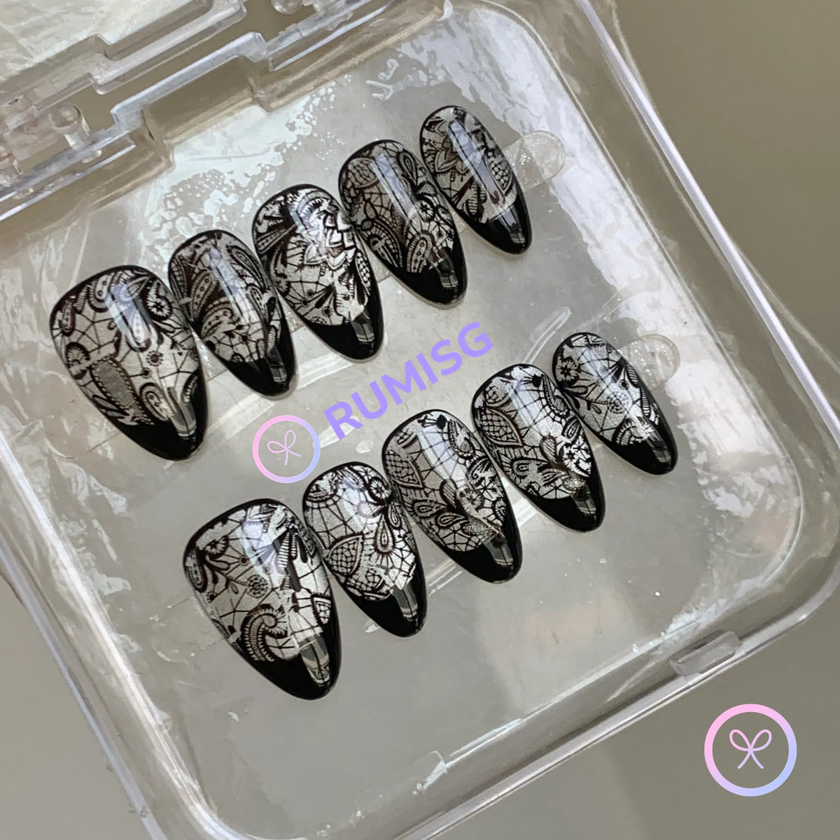 elegant black silver glossy lace french tip short almond press on nails