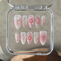 elegant pink glossy medium almond press on nails with pink blush and 3d flowers and heart motifs