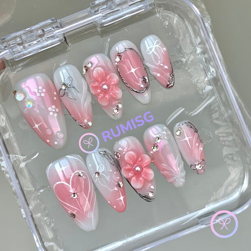 elegant pink glossy medium almond press on nails with 3d flower and metallic bow