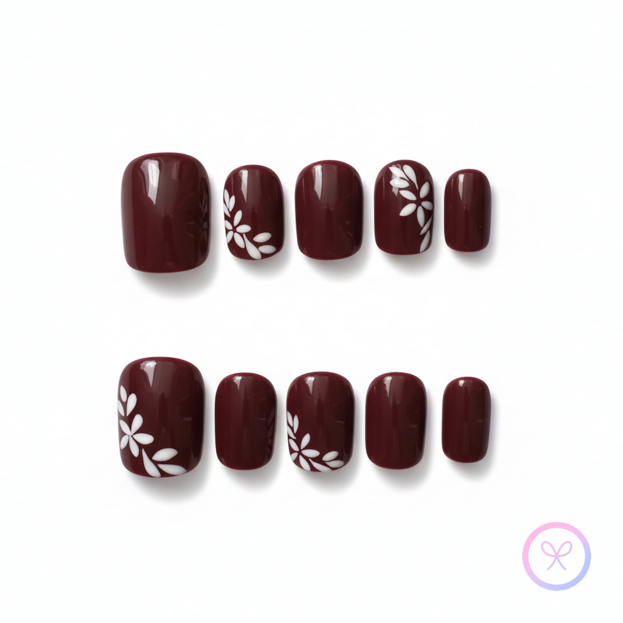 minimalist red glossy square press on nails with leaves and petals motif