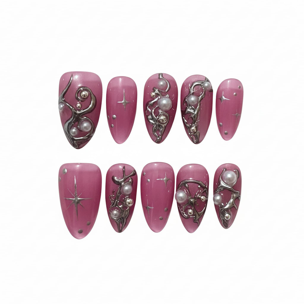 celestial pink glossy medium almond press on nails with celestial design and pearls