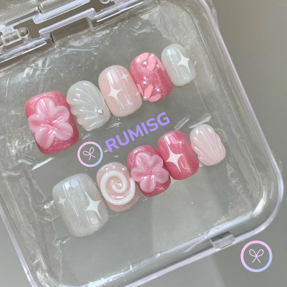 sakura pink white glossy short square press on nails with 3D flowers shells and pearls