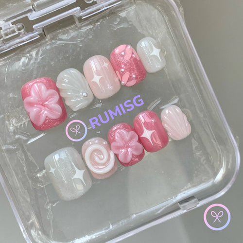 sakura pink white glossy short square press on nails with 3D flowers shells and pearls