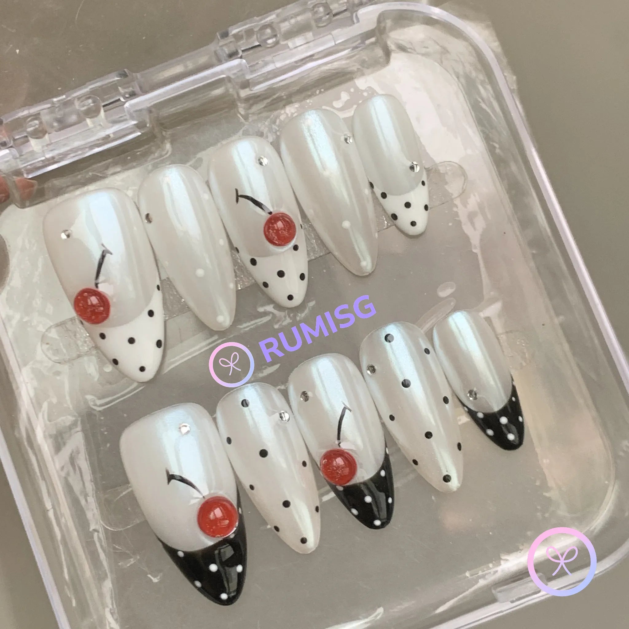 fruitcore white glazed 3d cherry medium almond press on nails with polka dot