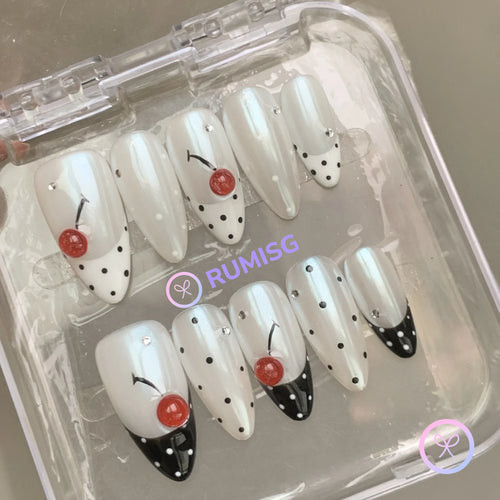 fruitcore white glazed 3d cherry medium almond press on nails with polka dot