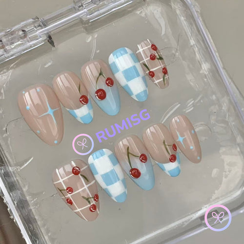fruitcore nude glossy short almond press on nails with 3D cherries and gingham pattern