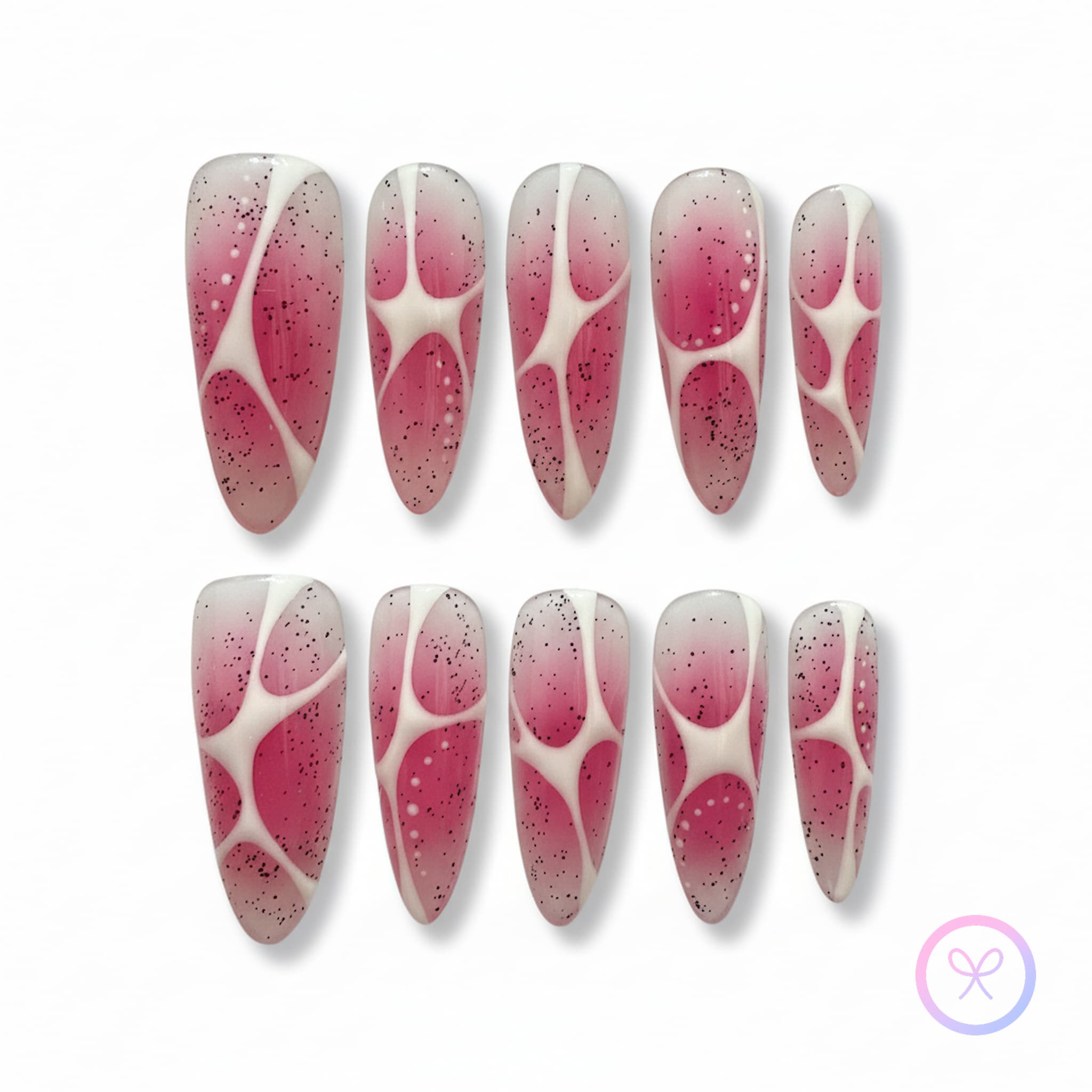 abstract pink glossy long almond press on nails with white detailing and blush gradients