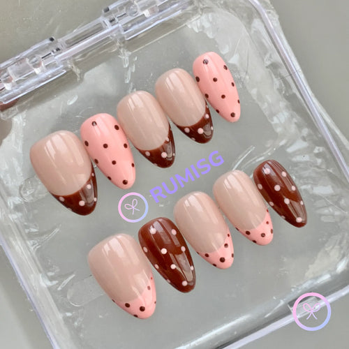  cute nude glossy short almond press on nails with polka dot and french tip