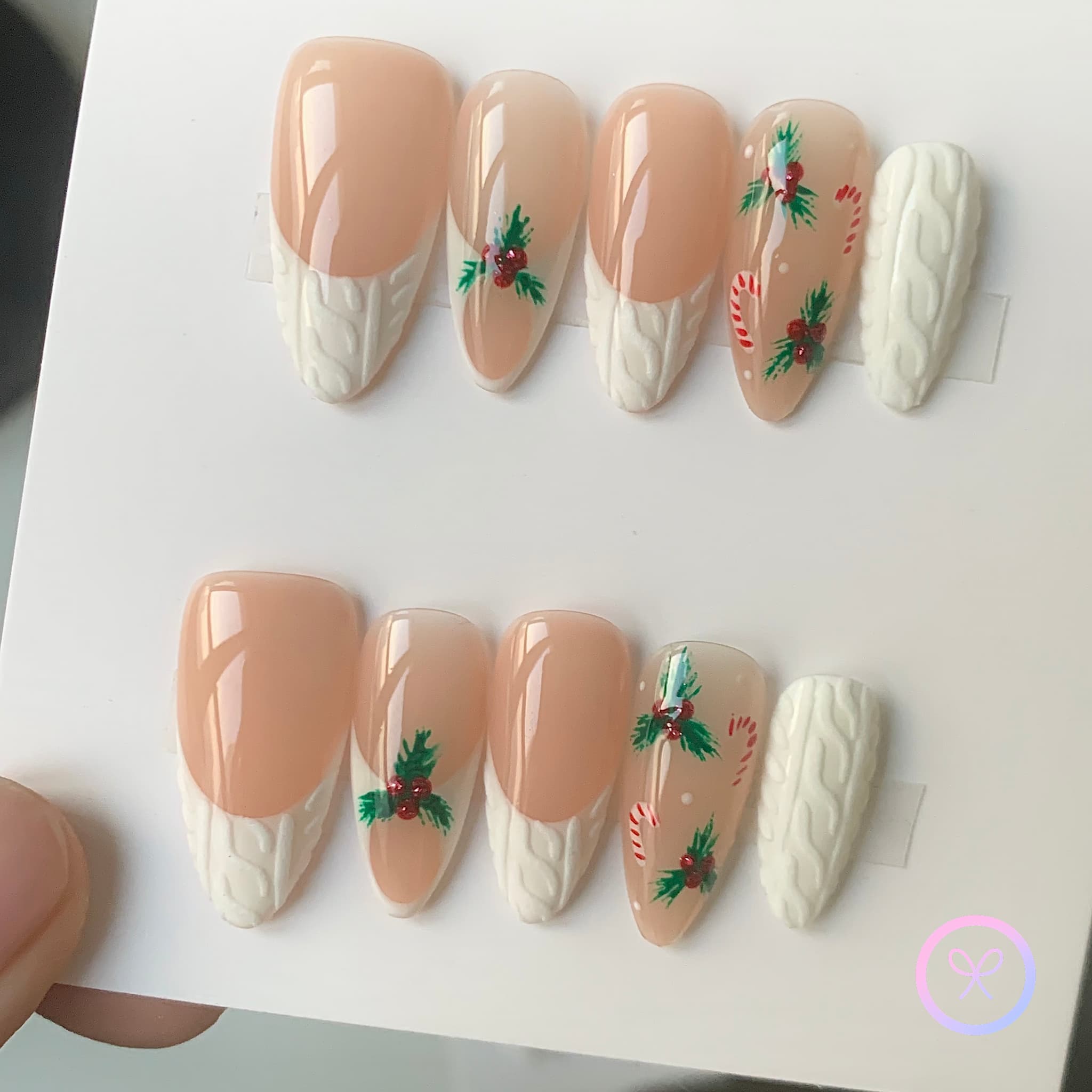 christmas nude glossy medium almond press on nails with candy and berry