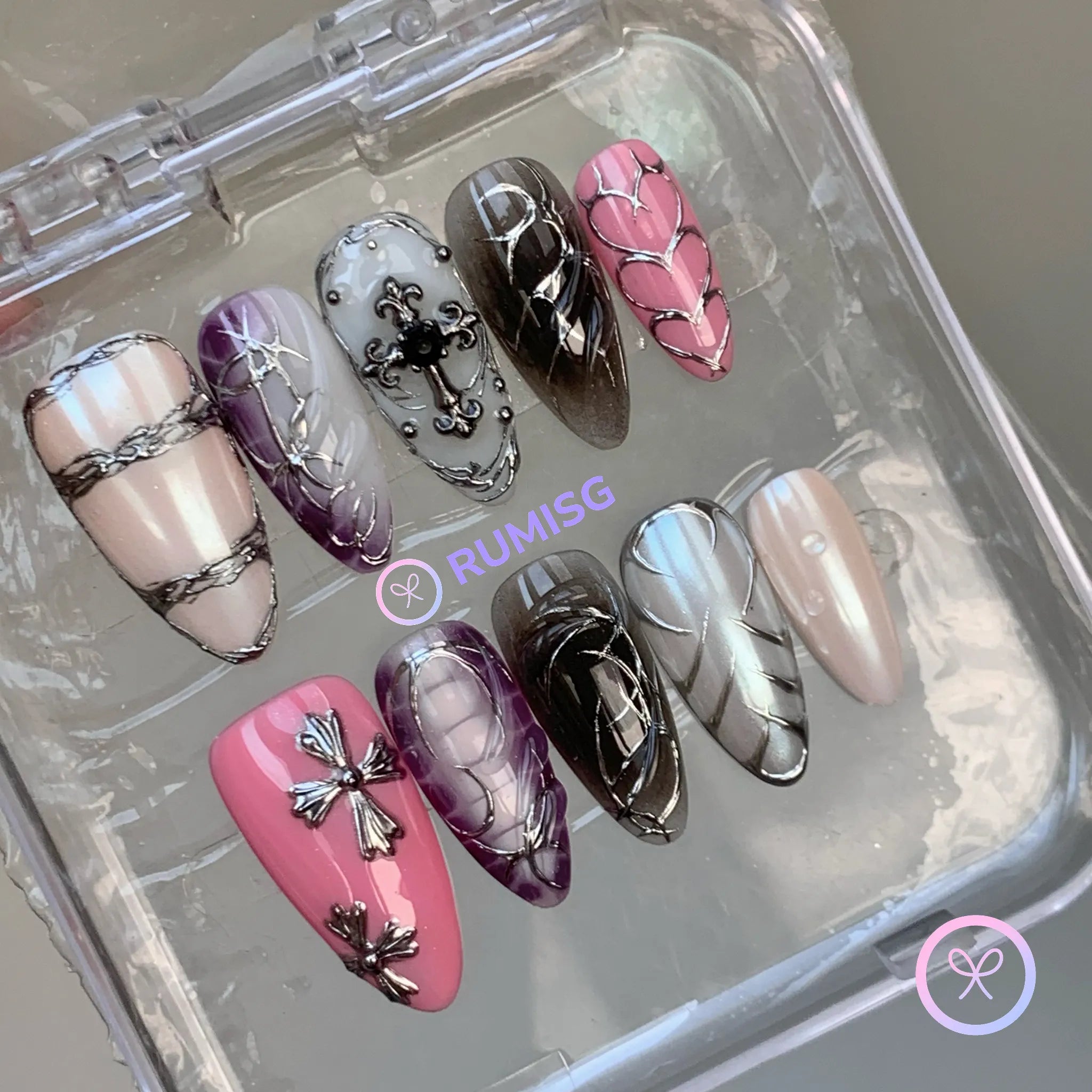 goth black glossy medium almond press on nails with cross charm and filigree