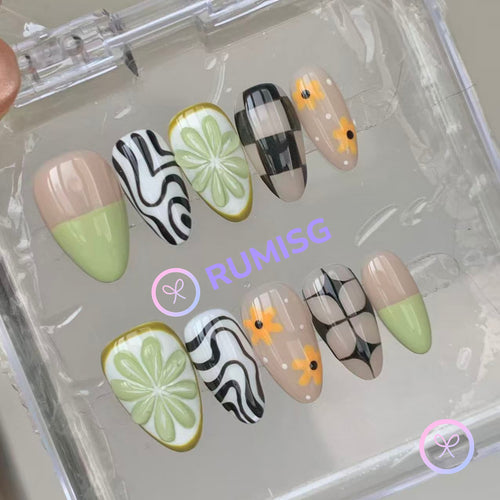 fruitcore green glossy short almond press on nails with citrus and checkerboard