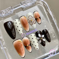 elegant brown glossy medium almond press on nails with 3d flowers and gold beads