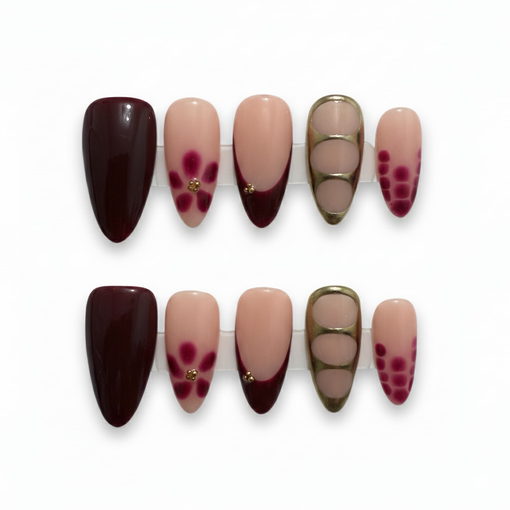 vintage nude glossy medium almond press on nails with bloom design