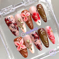 elegant nude glossy long almond press on nails with hand painted floral and gold rose charm