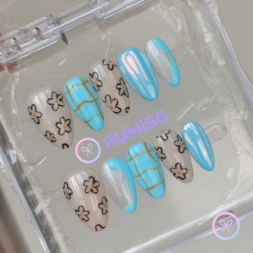 natural cyan glossy short almond press on nails with daisy and lattice