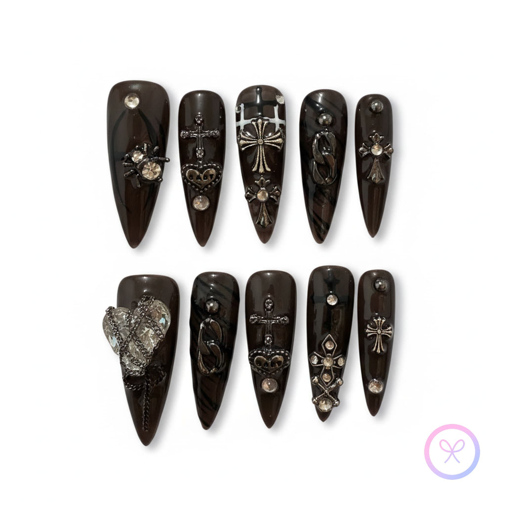 gothic black glossy long stiletto press on nails