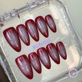 minimalist red glossy medium almond press on nails with dark red gradient
