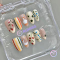 cottagecore white glossy short almond press on nails with duck and strawberry motifs