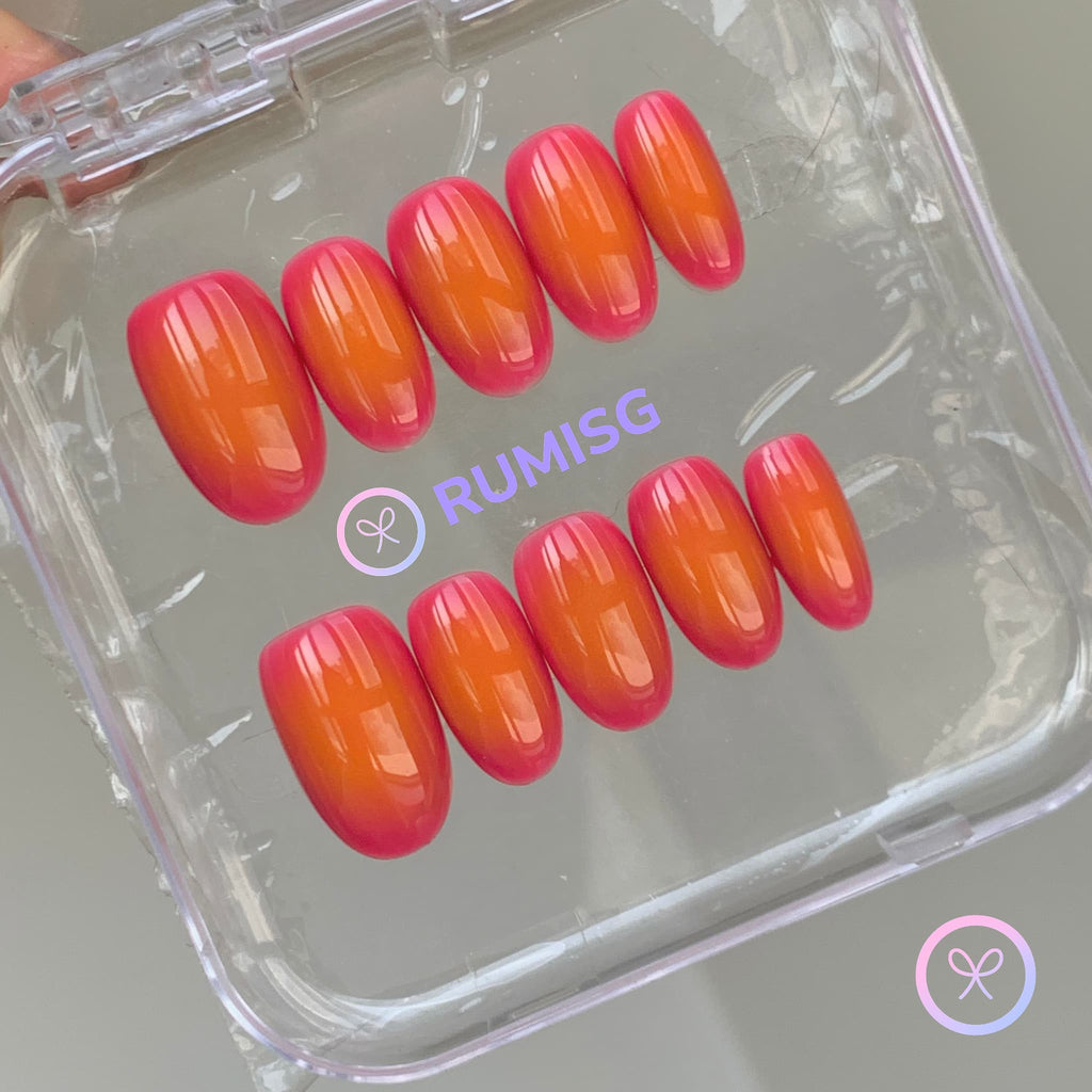 minimalist orange glossy short oval press on nails with red orange gradient