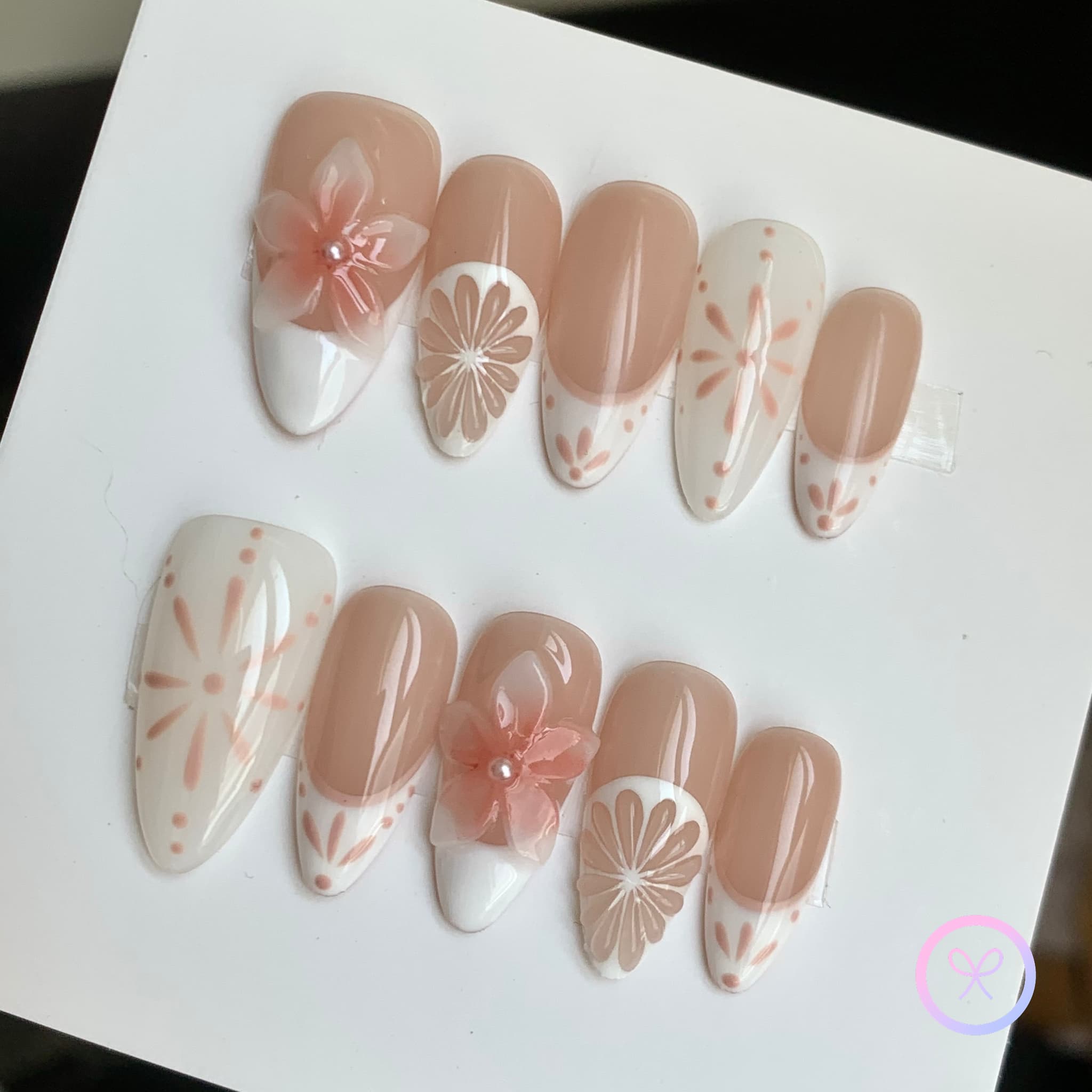 elegant nude glossy medium press on nails with cirtus and embossed flowers