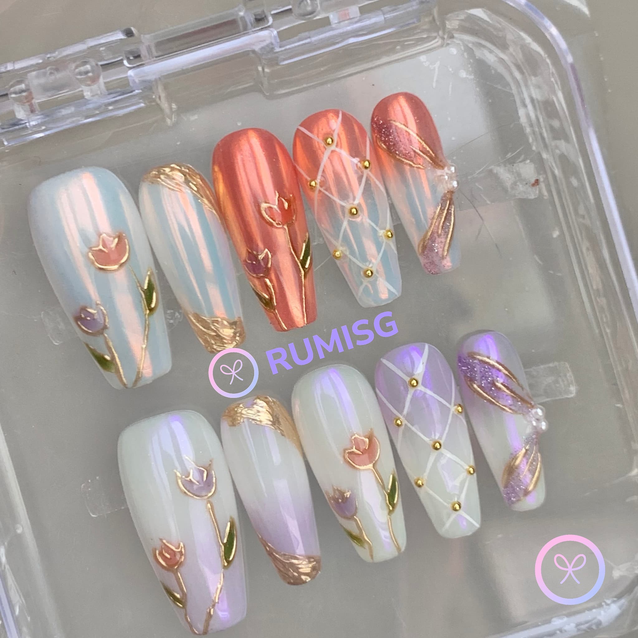 elegant white iridescent medium coffin press on nails with embossed tulip and gold foil