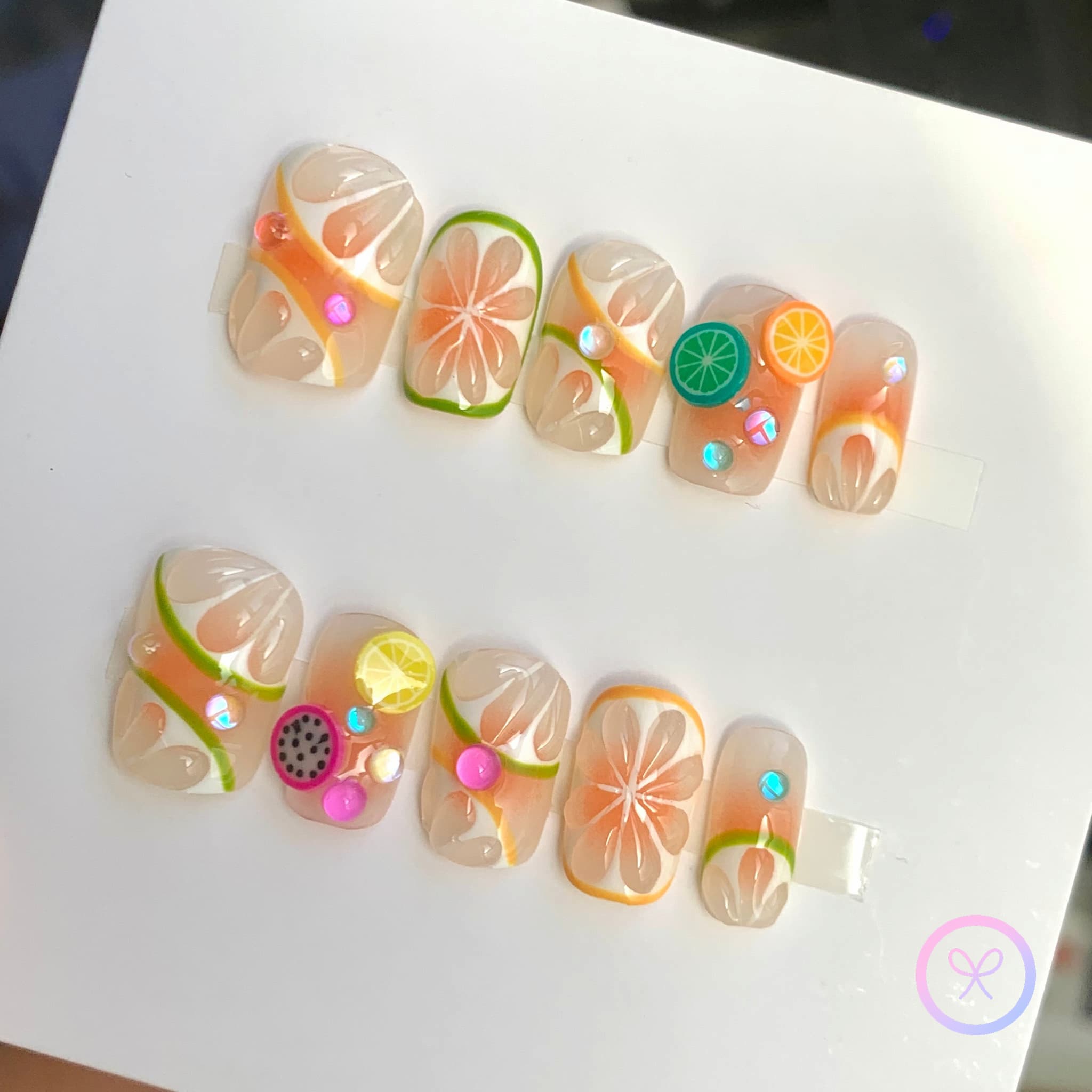 fruitcore orange glossy medium square press on nails with lemon and orange motifs