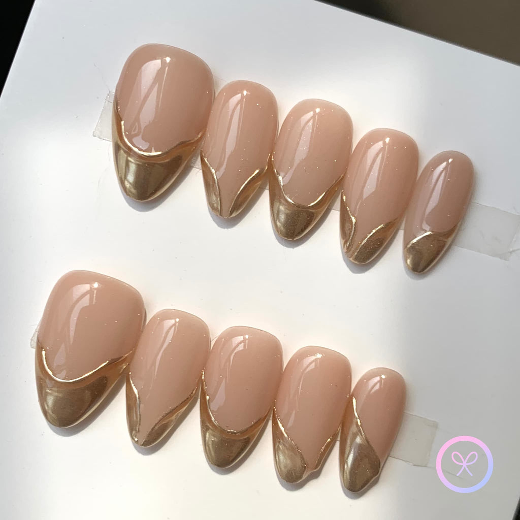 elegant nude glossy short almond press on nails with french tips
