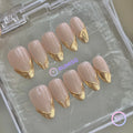 elegant nude glossy short almond press on nails with gold french tip