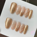 christmas gold glossy medium oval press on nails with glitters and snowflakes