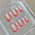  elegant nude glossy short almond press on nails with red french tip and gold outline