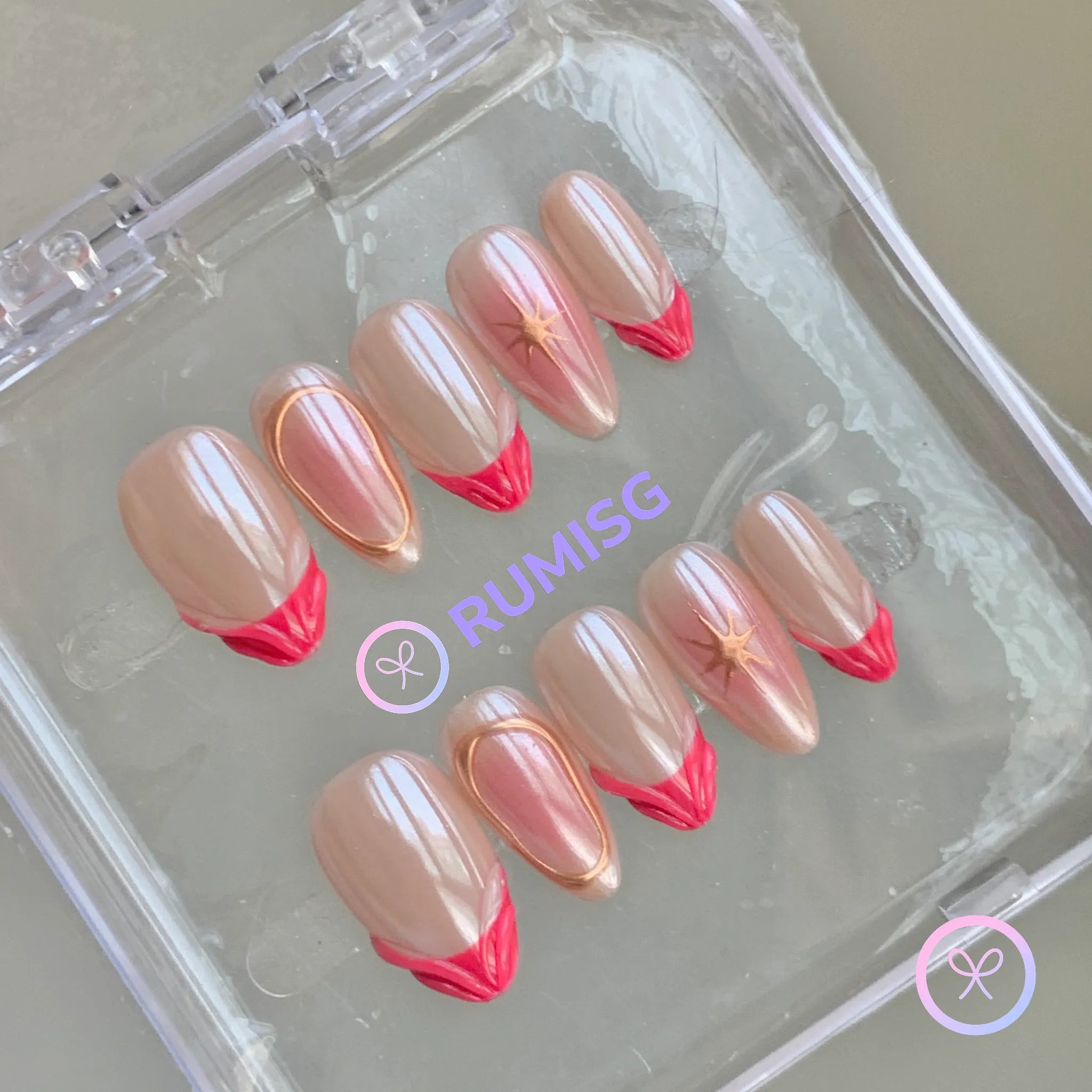  elegant nude glossy short almond press on nails with red french tip and gold outline