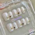 cute white glossy polka dot short square press on nails with gold heart