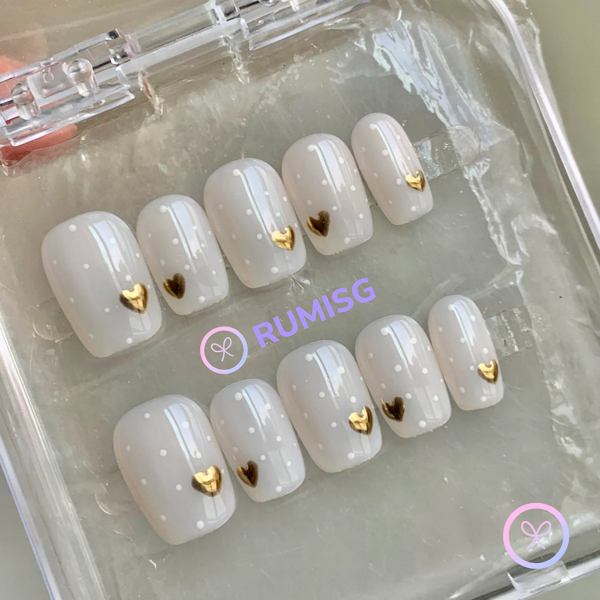 cute white glossy polka dot short square press on nails with gold heart