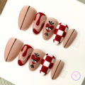 dark red matte short almond press on nails with checkerboard