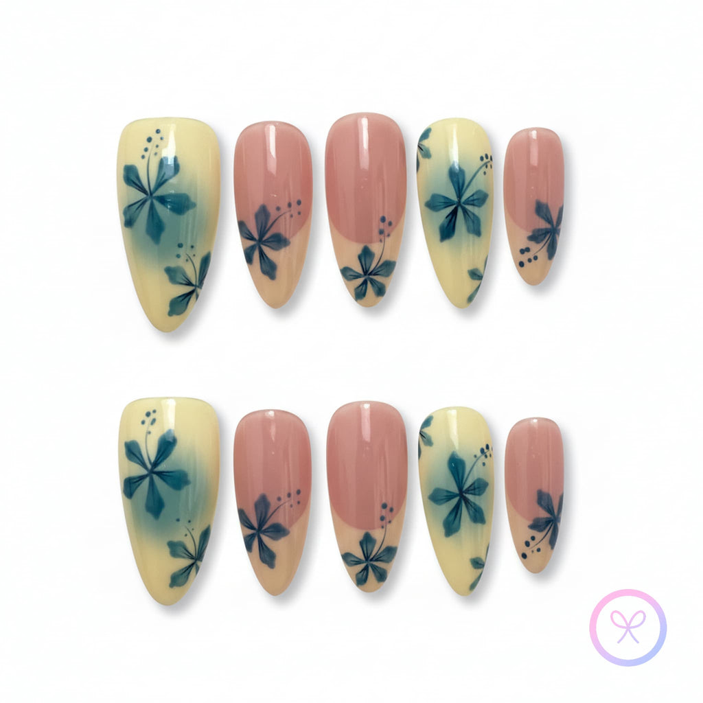 cottagecore nude glossy medium almond press on nails with flowers 