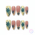 cottagecore nude glossy medium almond press on nails with flowers 