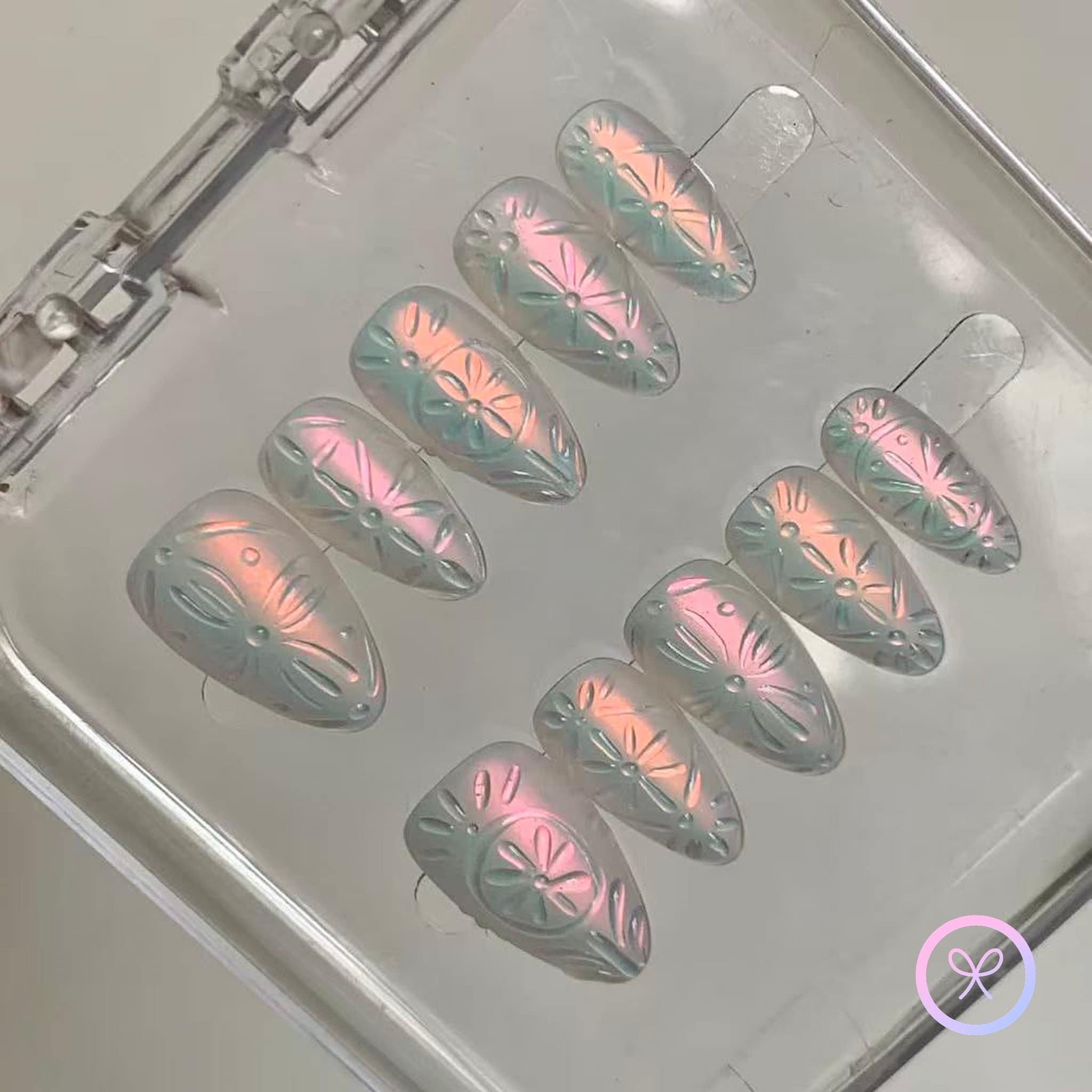 glass art white iridescent short almond press on nails