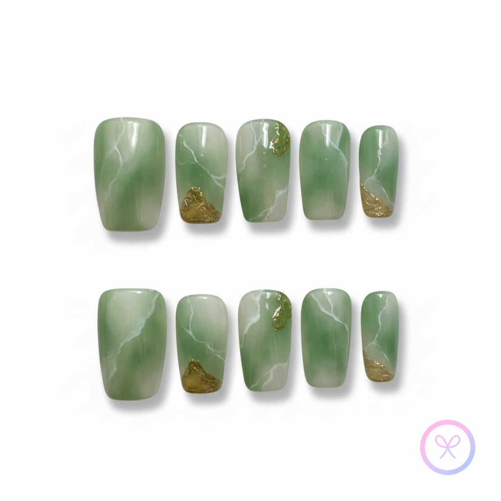 natural green glossy medium square press on nails with marble pattern and jade