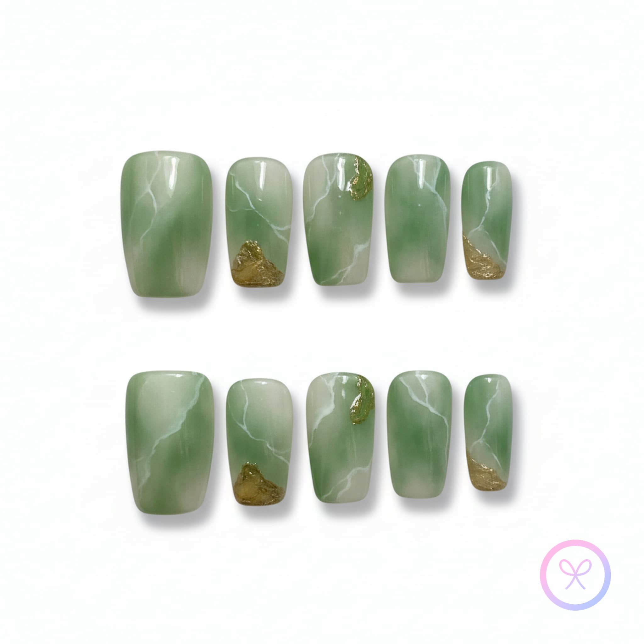 natural green glossy medium square press on nails with marble pattern and jade