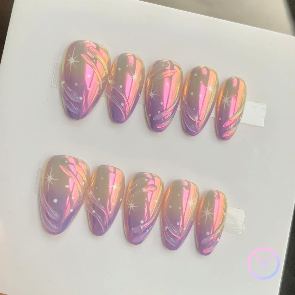 elegant purple iridescent medium almond press on nails with stars , swirls and dots