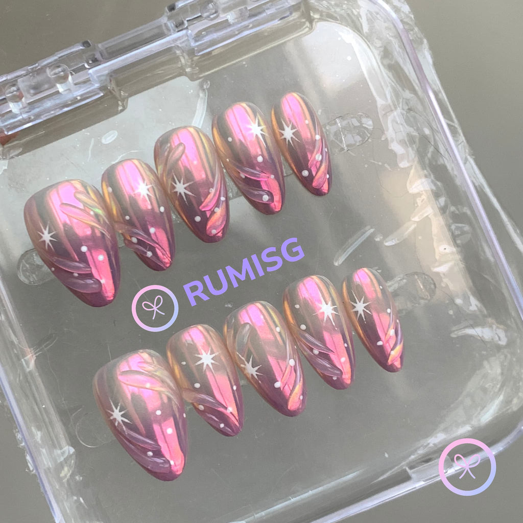 elegant purple iridescent short almond press on nails with stars and swirls